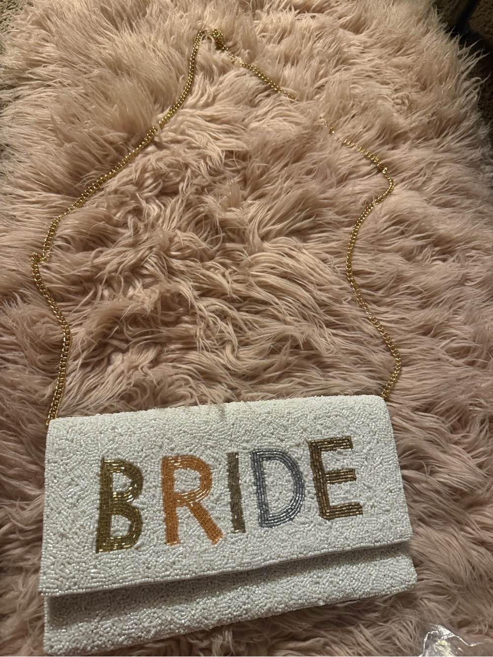 Beaded 'BRIDE' Clutch Bag with Gold Chain
